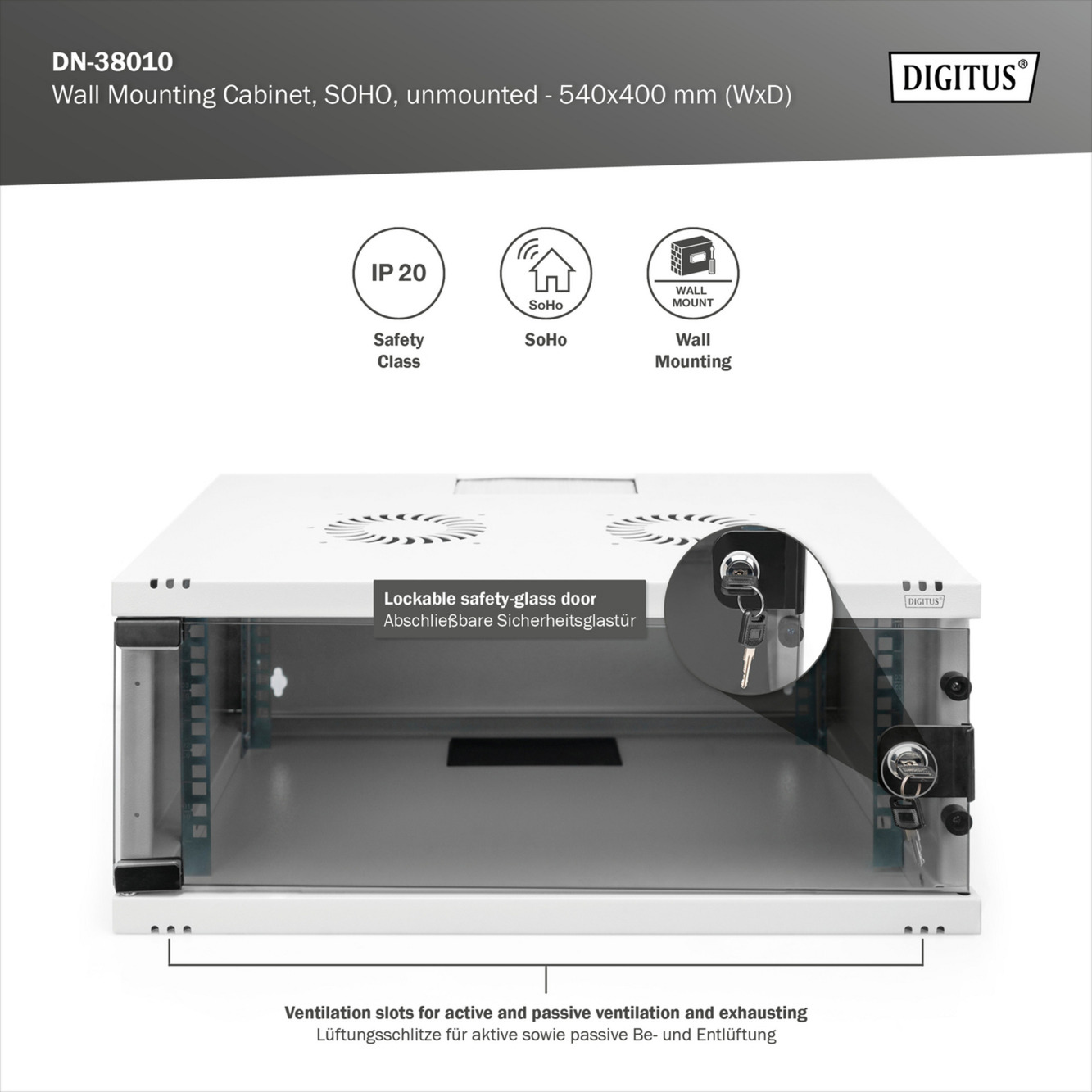 Digitus Wandgehäuse SOHO, unmontiert - 540x400mm (BxT)  , IT-Schrank hellgrau, 4 Höheneinheiten