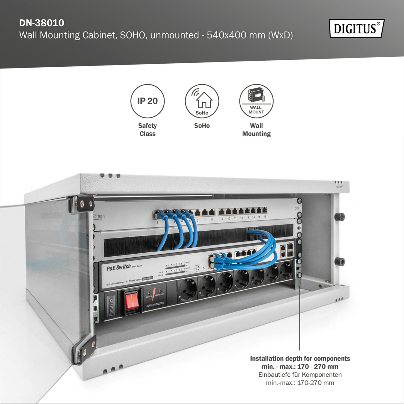 Digitus Wandgehäuse SOHO, unmontiert - 540x400mm (BxT)  , IT-Schrank hellgrau, 4 Höheneinheiten