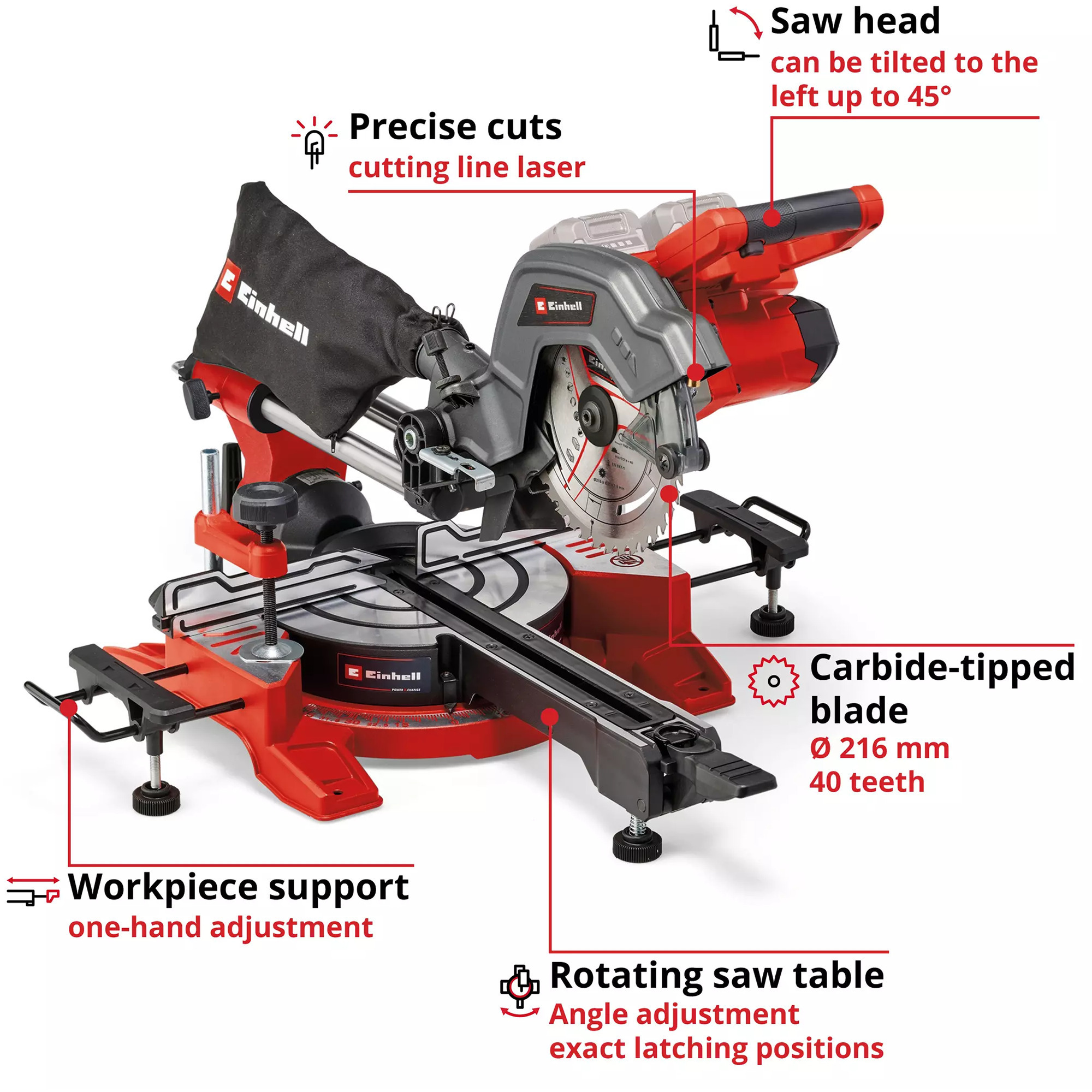 EINHELL Akku-Zug-Kapp-und Gehrungssäge TE-SM 36/8 L Li-Solo, 36Volt (2x18V) rot, ohne Akku und Ladegerät