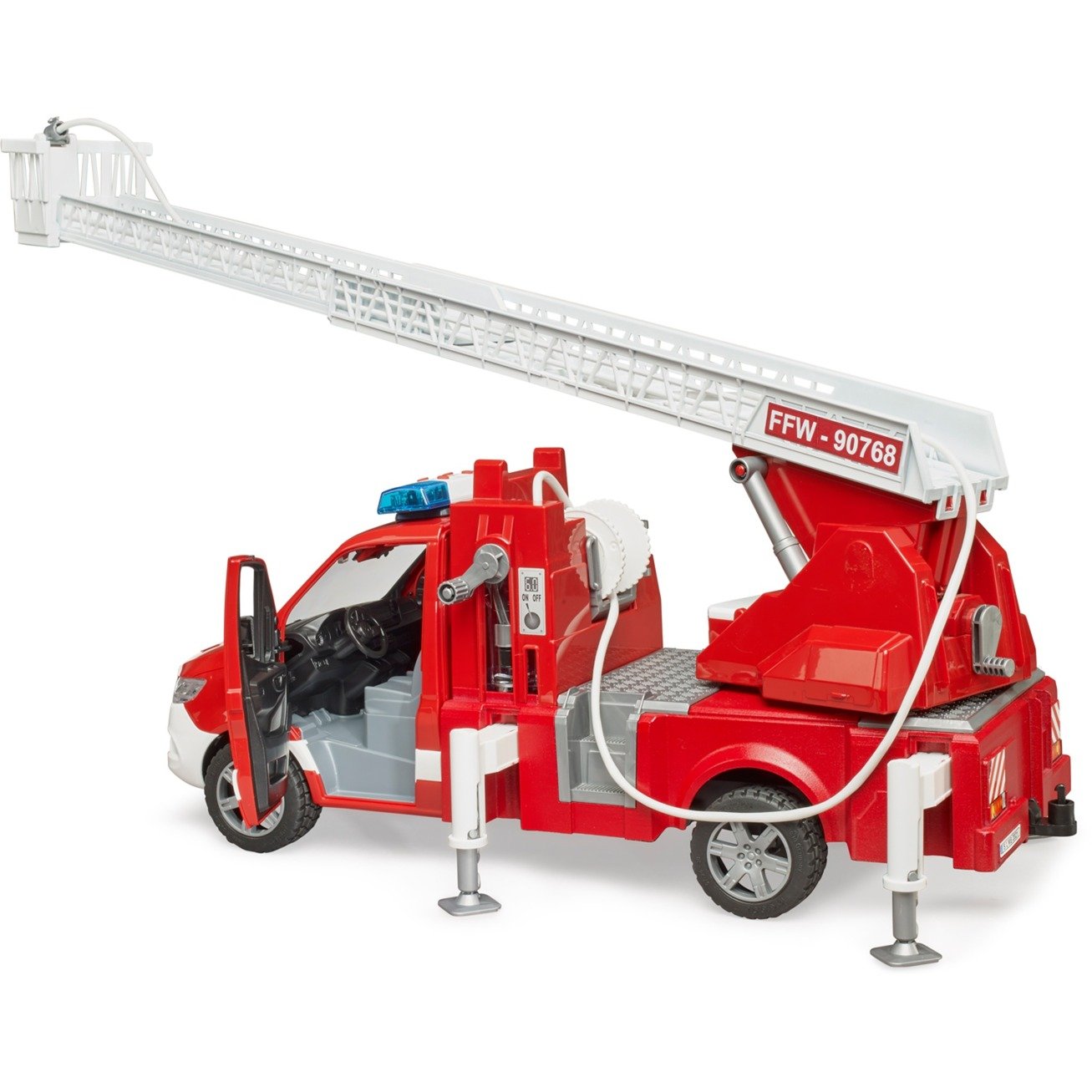 bruder MB Sprinter Feuerwehr mit Light & Sound Modul, Modellfahrzeug rot/weiß, Drehleiter, Pumpe