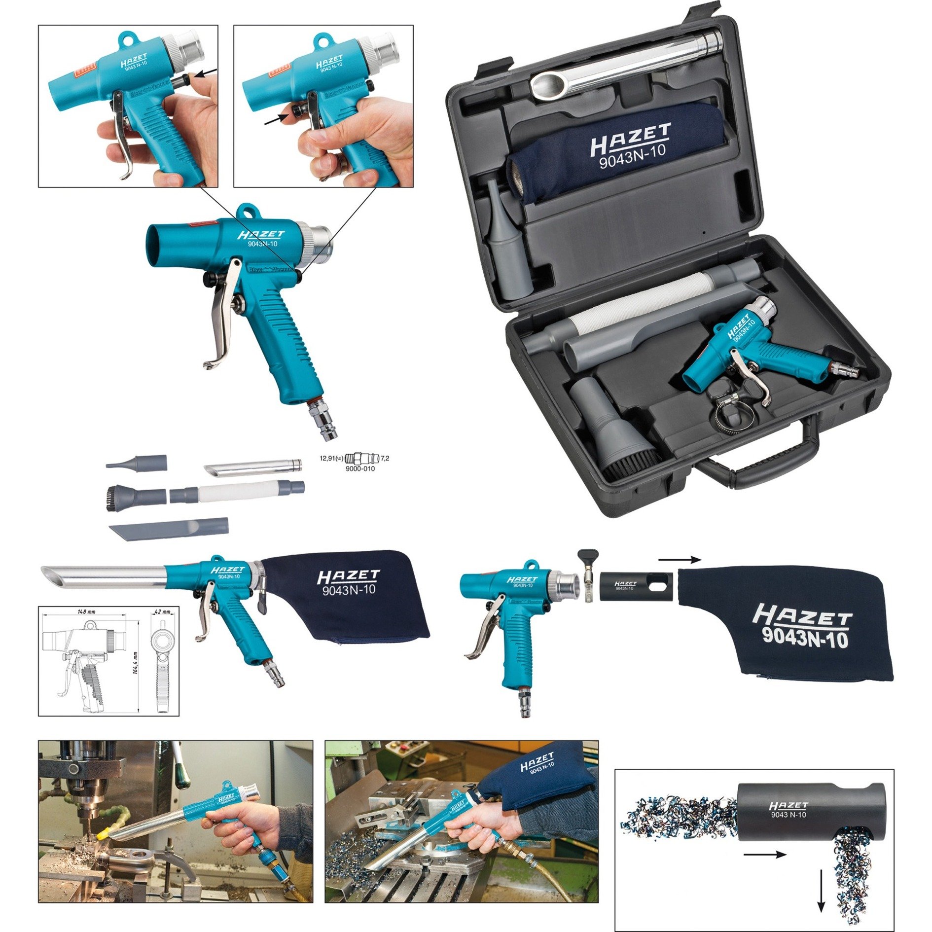 Hazet Saug -/ Blaspistole 9043 N-10, Ausblas-Werkzeug blau, mit Einhand-Umschaltung